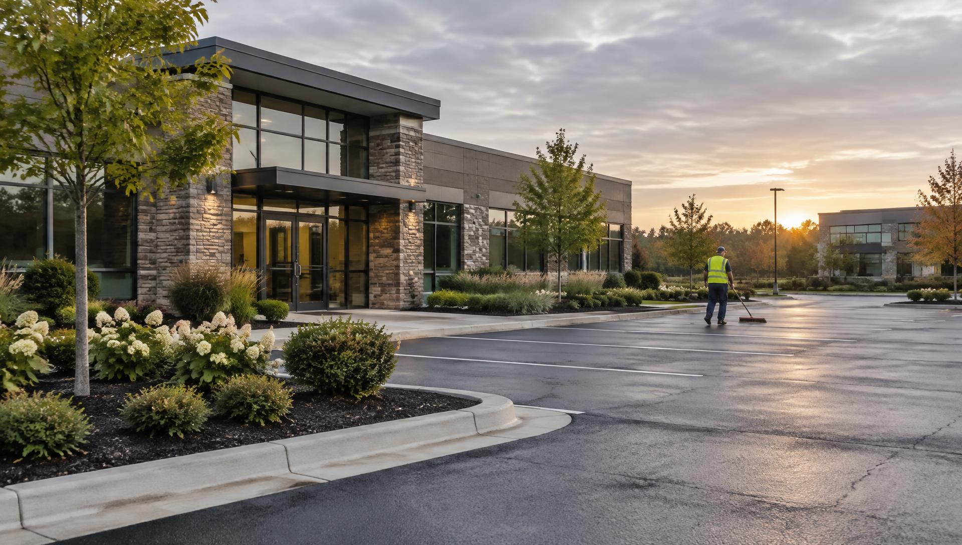 Commercial office park with freshly swept parking lot at sunrise